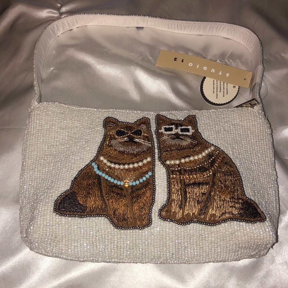 Studio 12 Hand Beaded White Shoulder Bag Embroidered Fancy Diva Brown Cats NWT